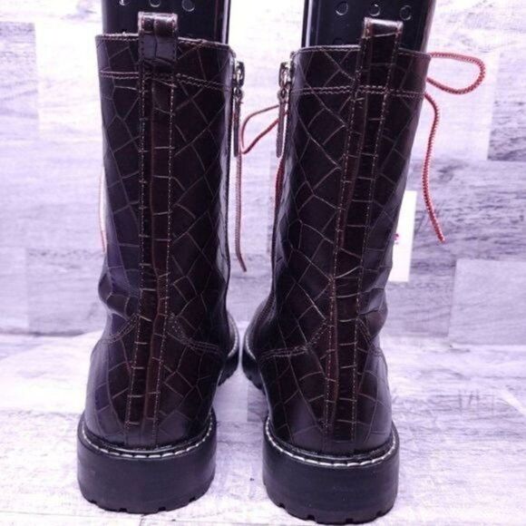 J. Crew Croc Embossed Leather Lace Up Combat Boot Brown Red White Women's sz 8.5 - Picture 4 of 11